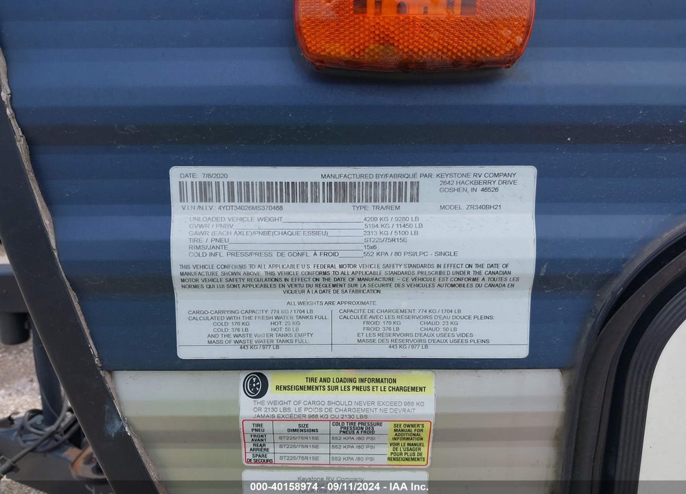 2021 KEYSTONE RV ZINGER VIN: 4YDT34026MS370468