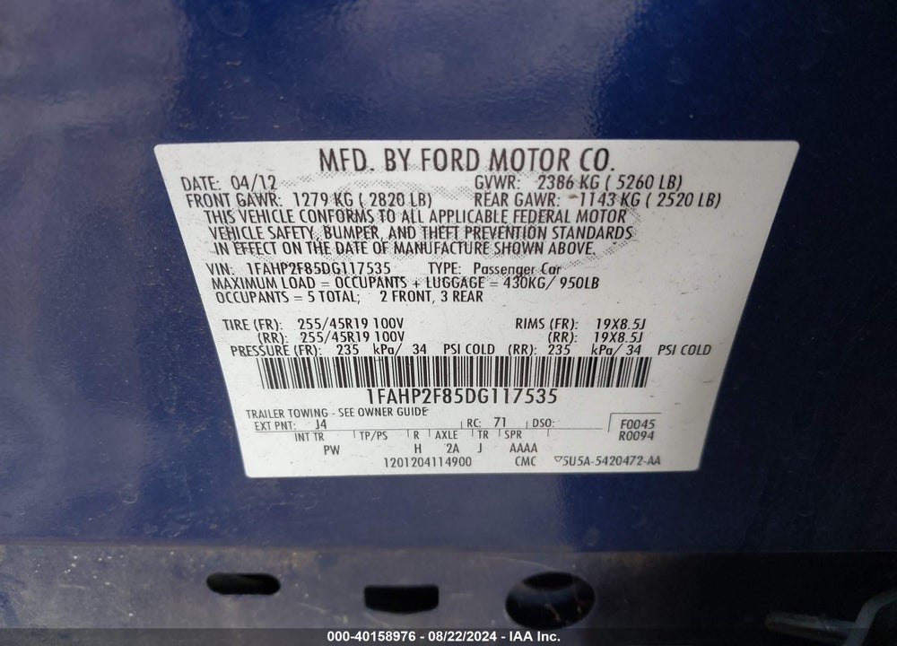 2013 FORD TAURUS LIMITED VIN: 1FAHP2F85DG117535