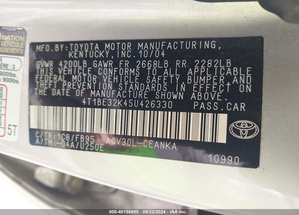 2005 TOYOTA CAMRY STD/ VIN: 4T1BE32K45U426330