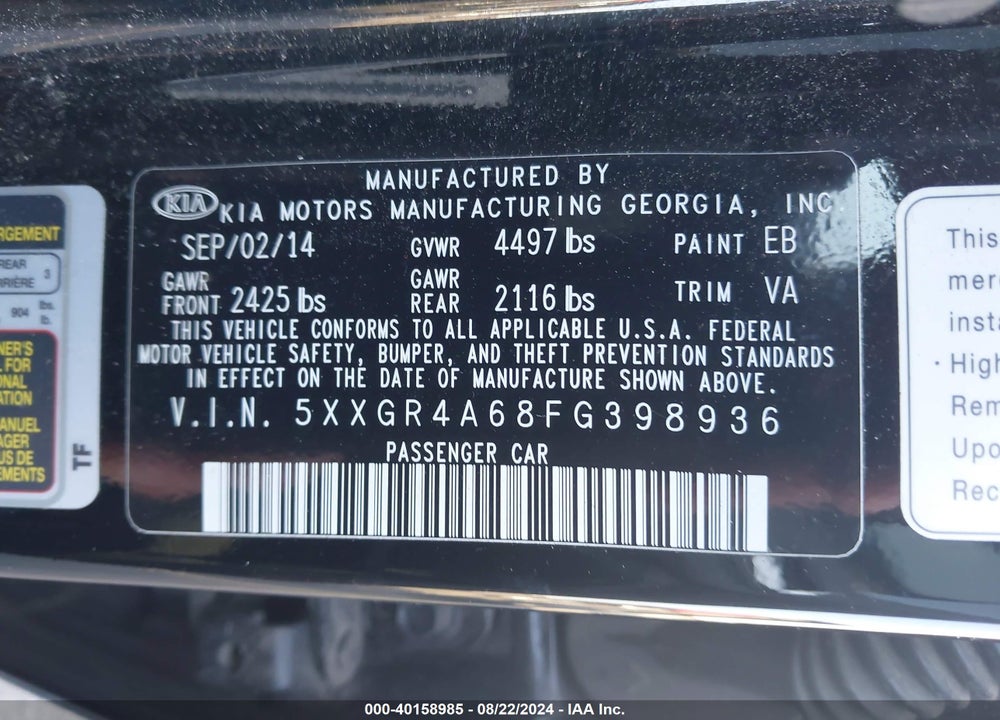 2015 KIA OPTIMA SXL TURBO VIN: 5XXGR4A68FG398936