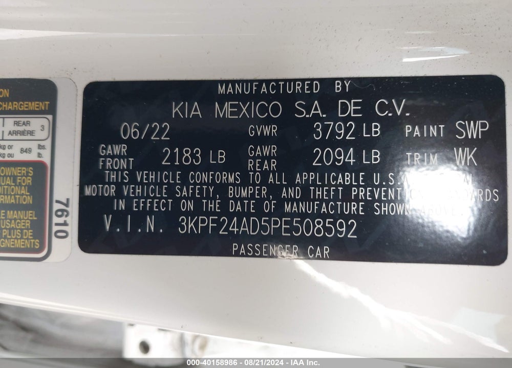 2023 KIA FORTE LXS VIN: 3KPF24AD5PE508592