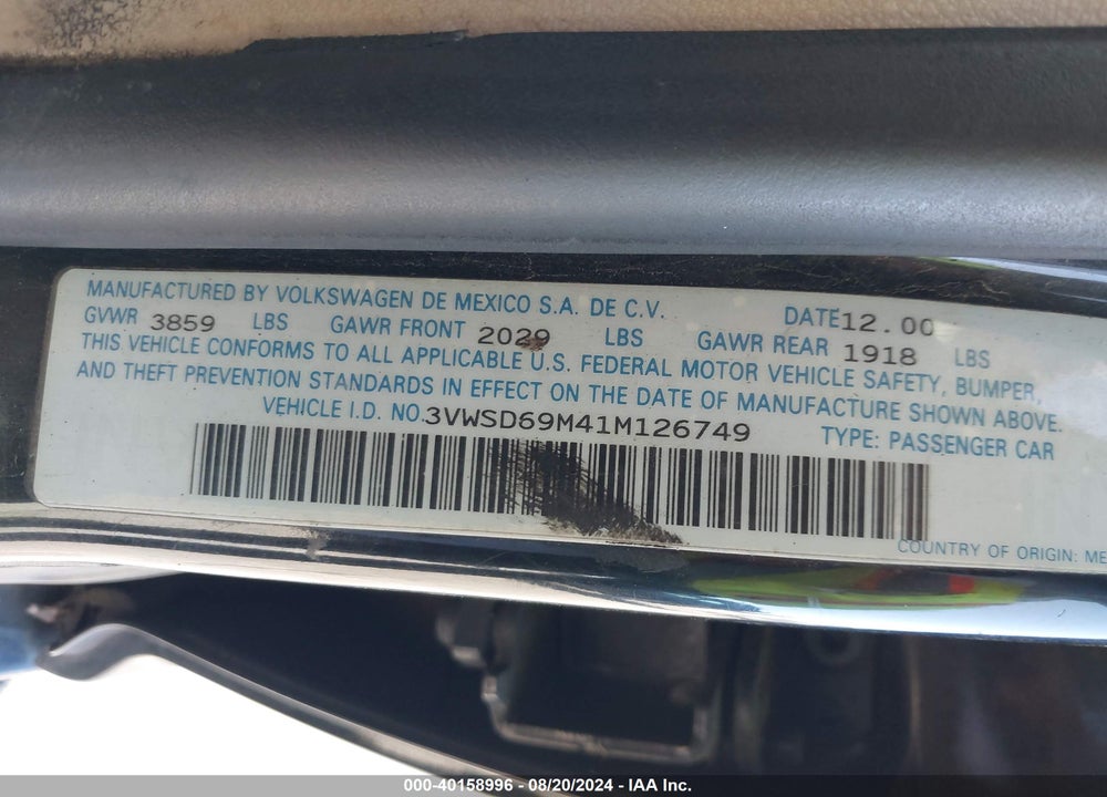 2001 VOLKSWAGEN JETTA GLS 1.8L TURBO VIN: 3VWSD69M41M126749