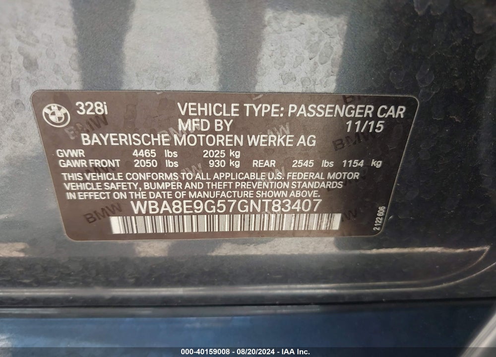 2016 BMW 328I VIN: WBA8E9G57GNT83407