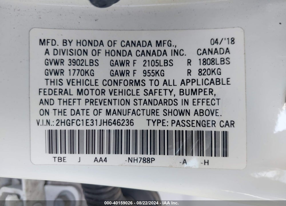2018 HONDA CIVIC EX-T VIN: 2HGFC1E31JH646236