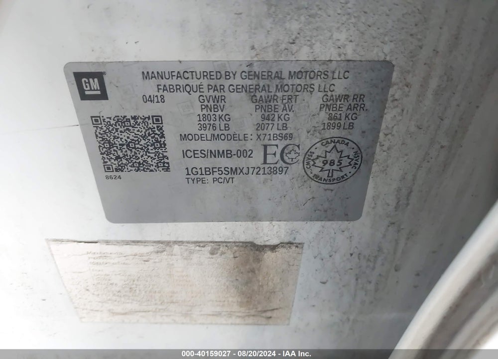 2018 CHEVROLET CRUZE PREMIER AUTO VIN: 1G1BF5SMXJ7213897