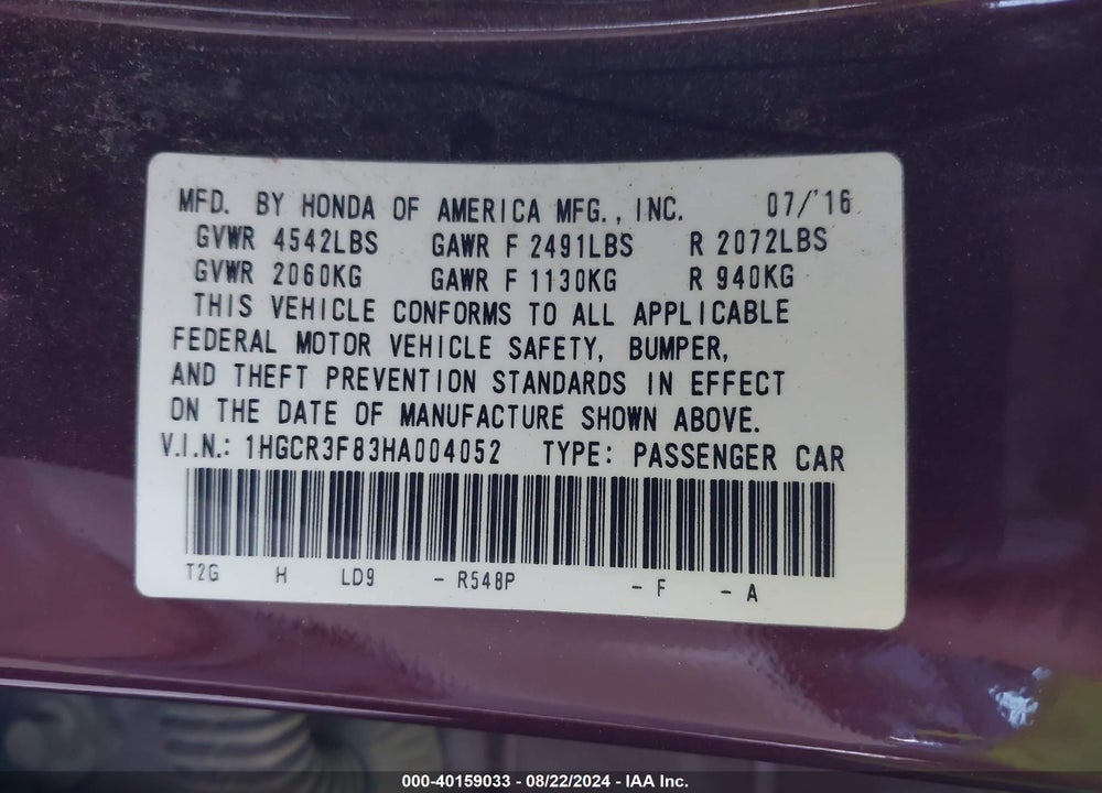 2017 HONDA ACCORD EX-L V6 VIN: 1HGCR3F83HA004052
