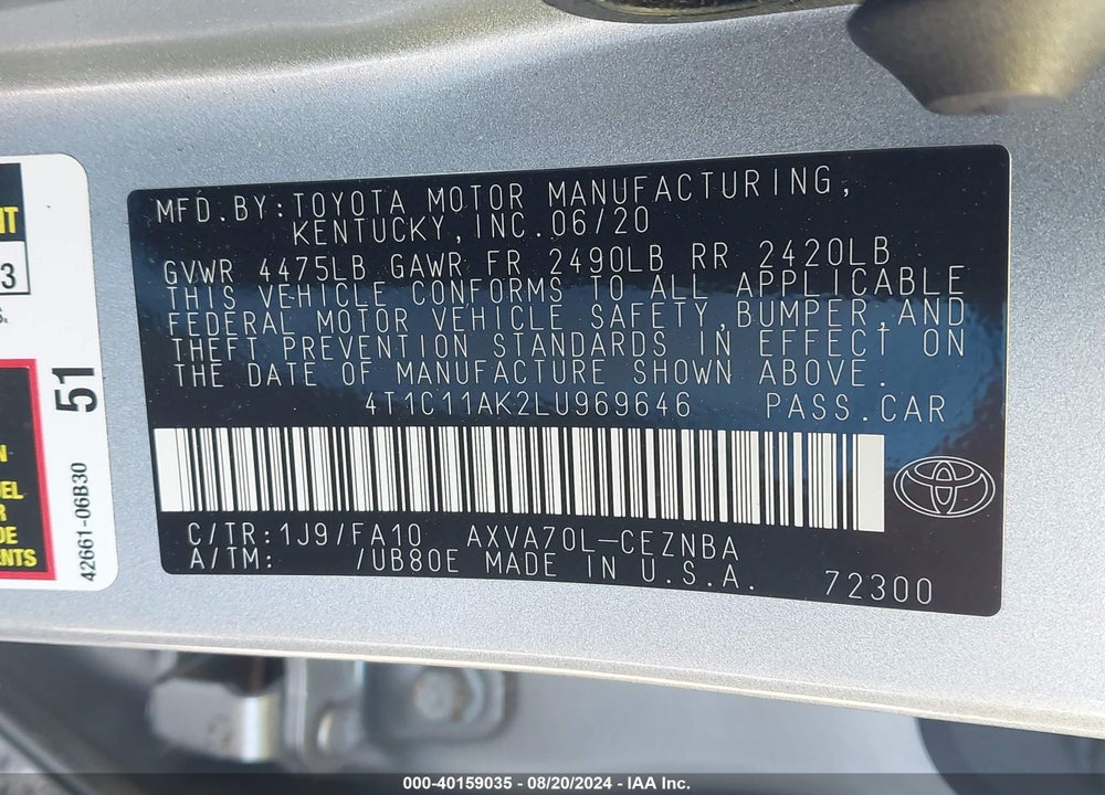 2020 TOYOTA CAMRY LE VIN: 4T1C11AK2LU969646