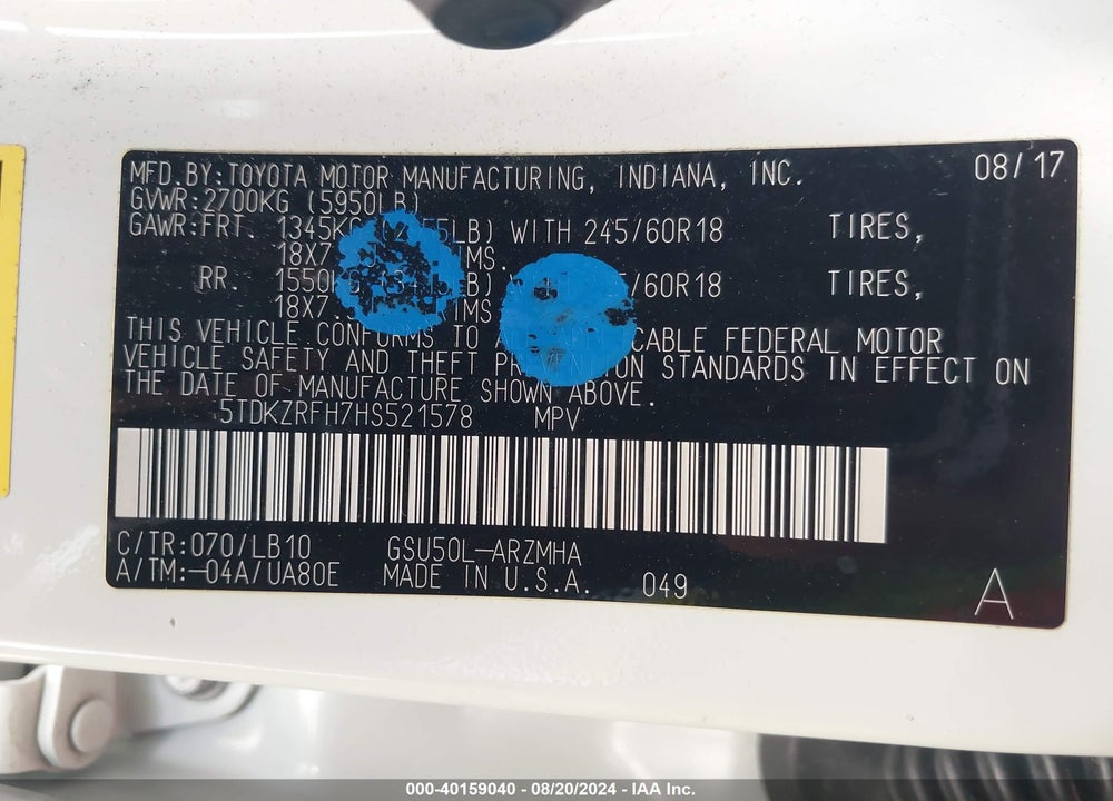 2017 TOYOTA HIGHLANDER XLE VIN: 5TDKZRFH7HS521578