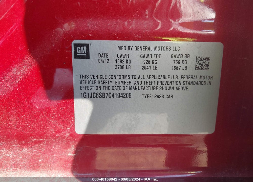 2012 CHEVROLET SONIC 2LT VIN: 1G1JC6SB7C4194206