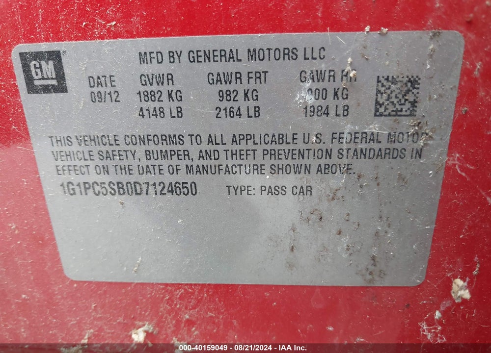 2013 CHEVROLET CRUZE 1LT AUTO VIN: 1G1PC5SB0D7124650