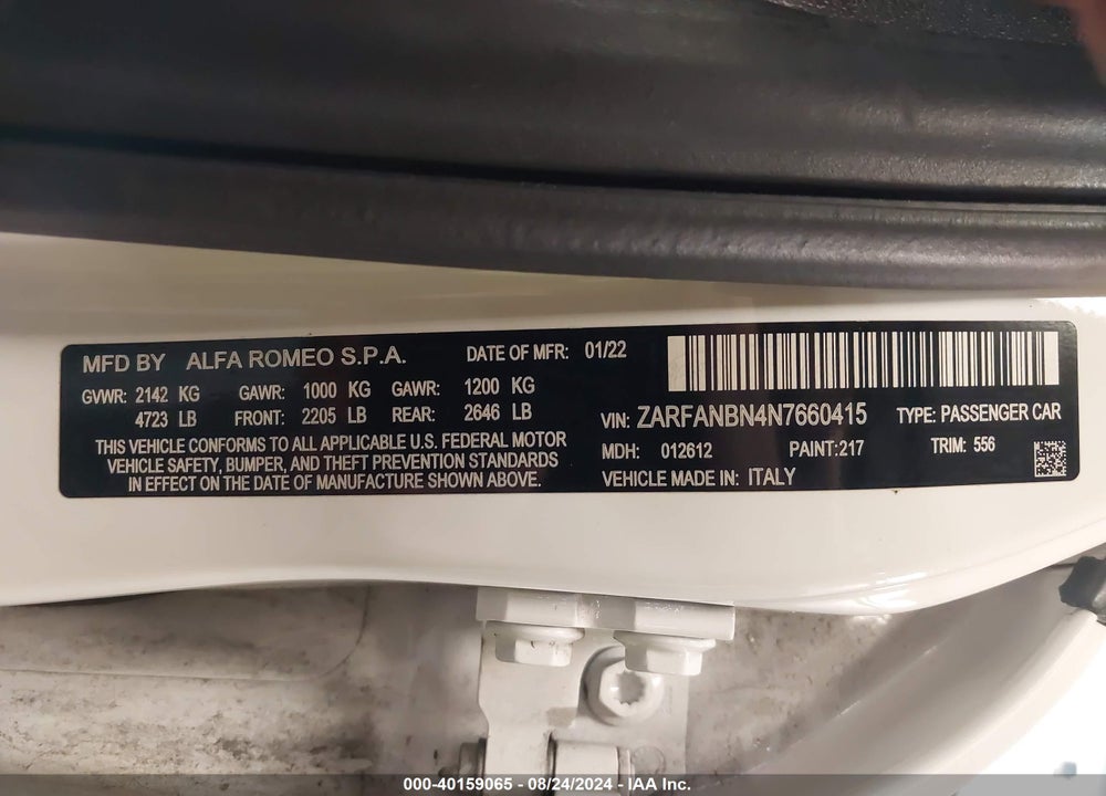 2022 ALFA ROMEO GIULIA TI AWD VIN: ZARFANBN4N7660415