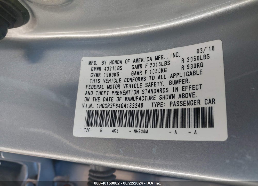 2016 HONDA ACCORD EX-L VIN: 1HGCR2F84GA182240