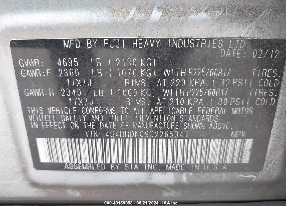 2012 SUBARU OUTBACK 3.6R LIMITED VIN: 4S4BRDKC9C2265341