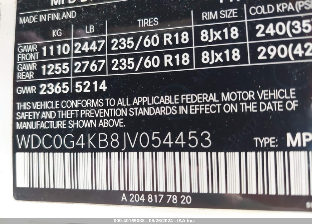 2018 MERCEDES-BENZ GLC 300 4MATIC VIN: WDC0G4KB8JV054453