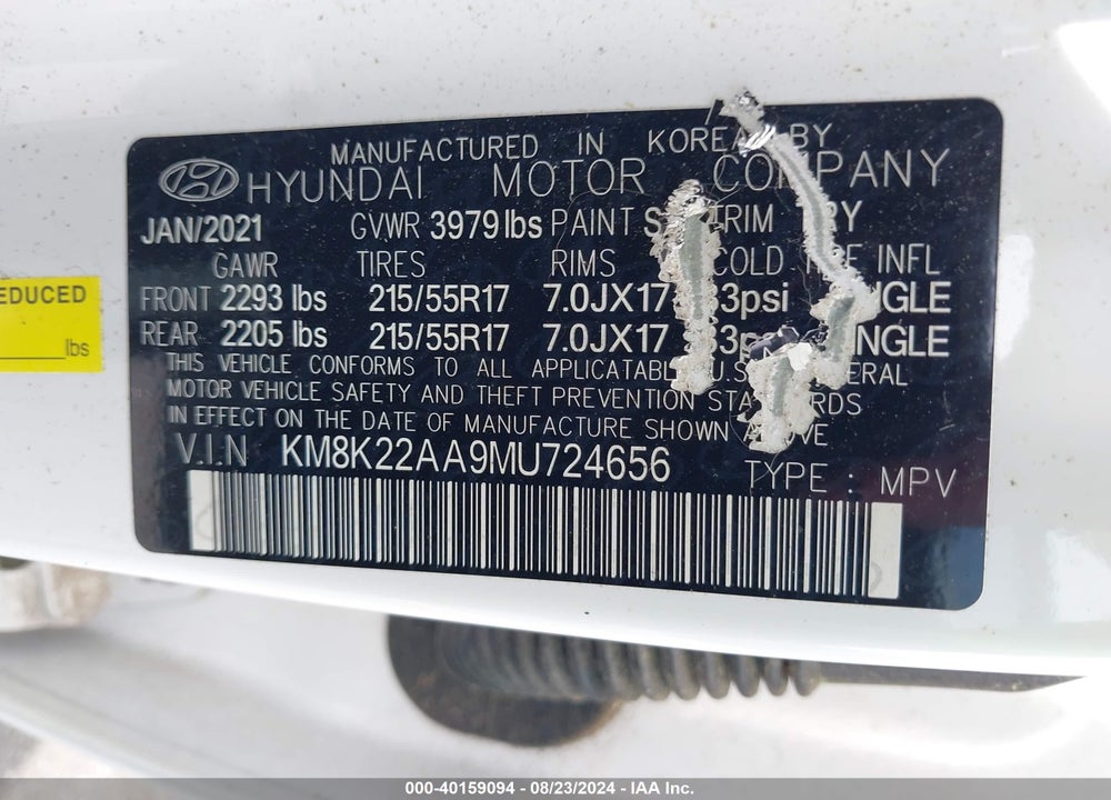 2021 HYUNDAI KONA SEL VIN: KM8K22AA9MU724656