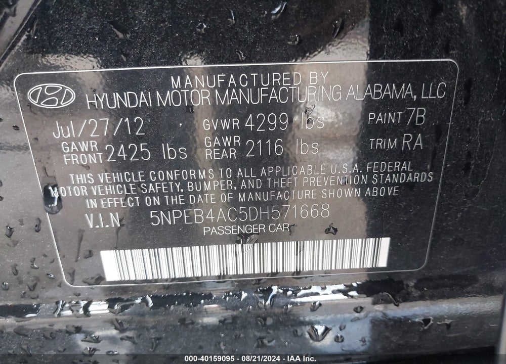 2013 HYUNDAI SONATA GLS VIN: 5NPEB4AC5DH571668