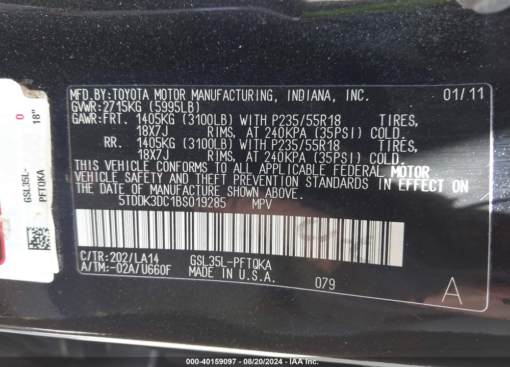 2011 TOYOTA SIENNA LIMITED VIN: 5TDDK3DC1BS019285