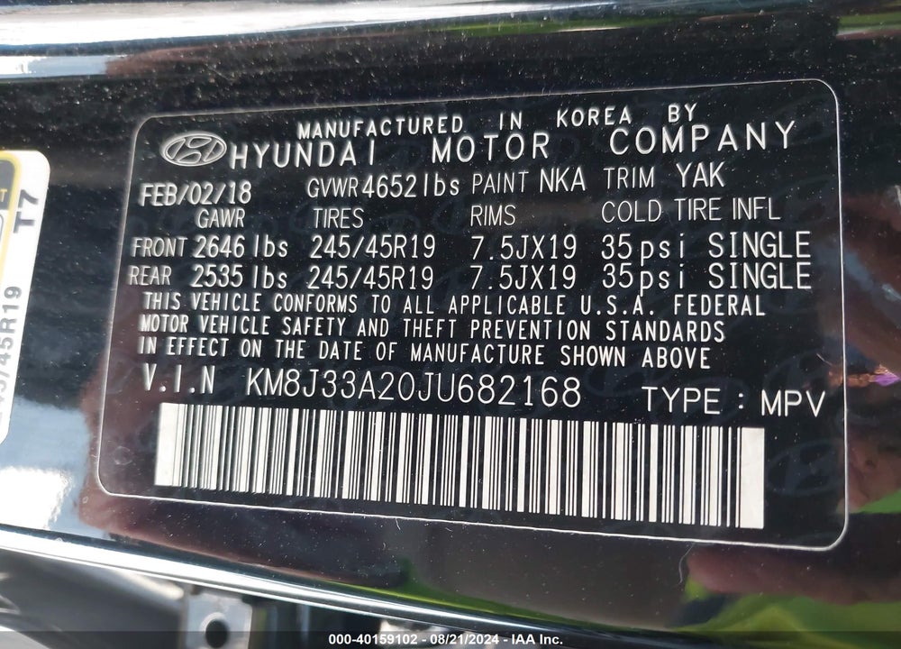 2018 HYUNDAI TUCSON LIMITED VIN: KM8J33A20JU682168