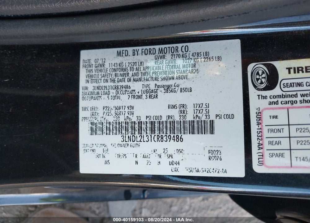 2012 LINCOLN MKZ HYBRID VIN: 3LNDL2L31CR839486