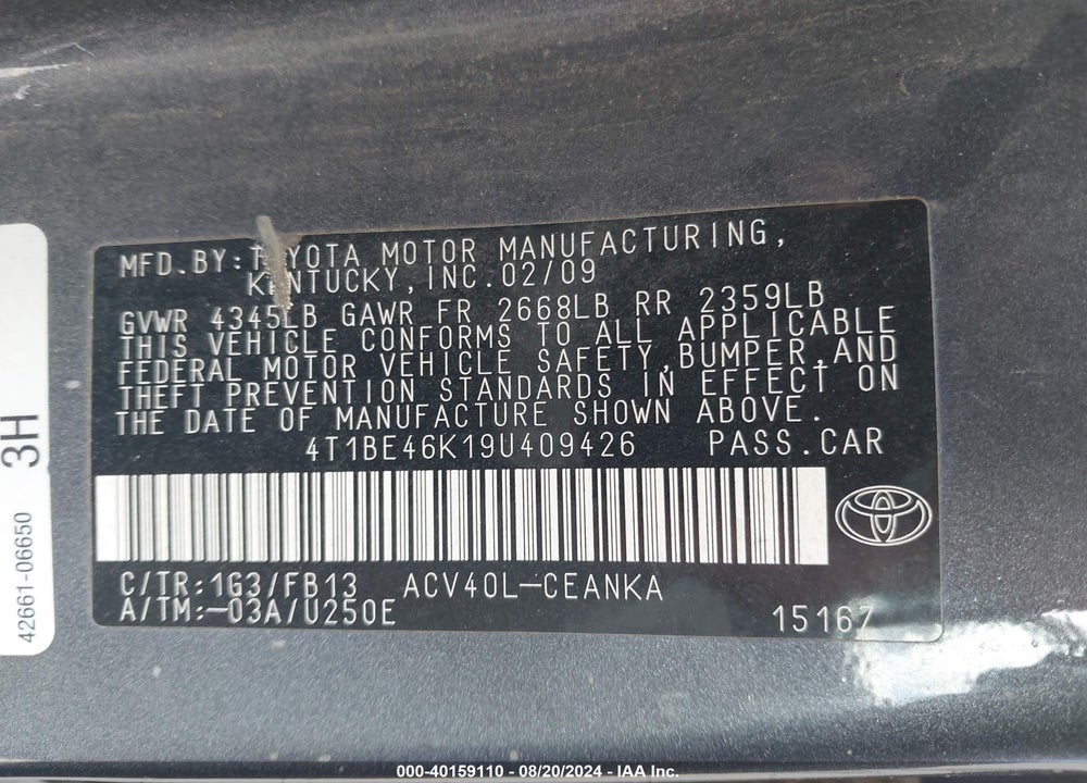 2009 TOYOTA CAMRY LE VIN: 4T1BE46K19U409426