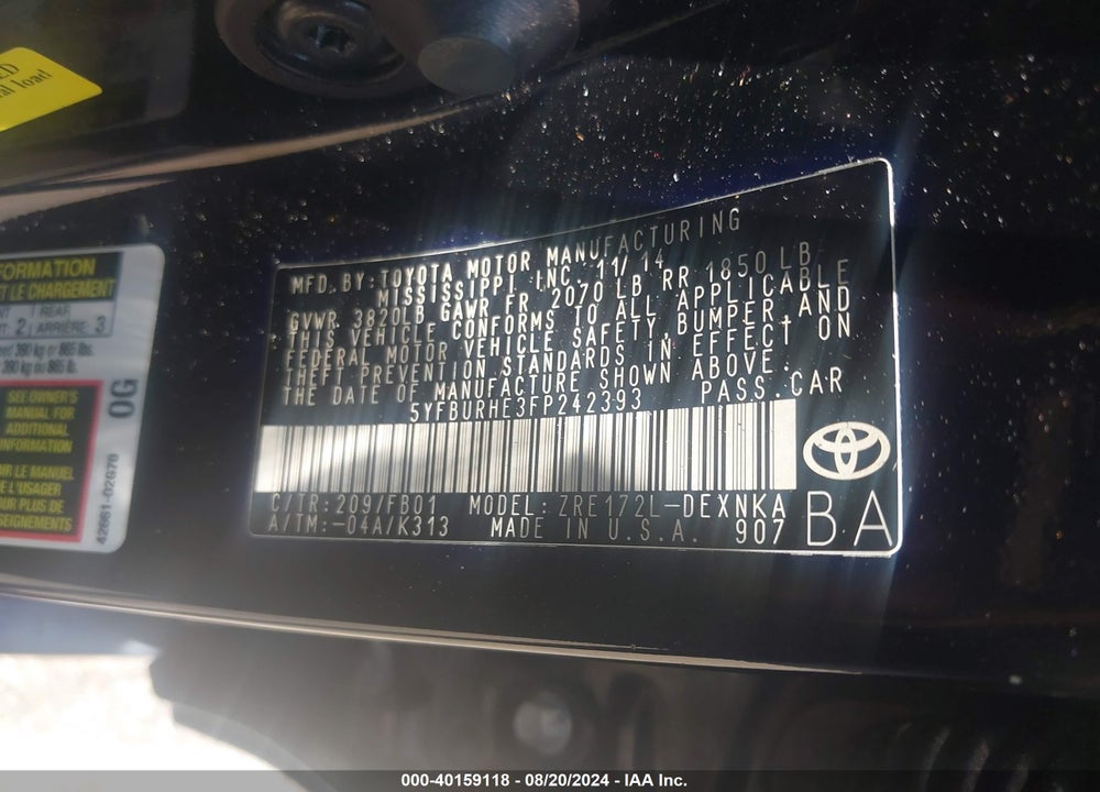 2015 TOYOTA COROLLA LE VIN: 5YFBURHE3FP242393