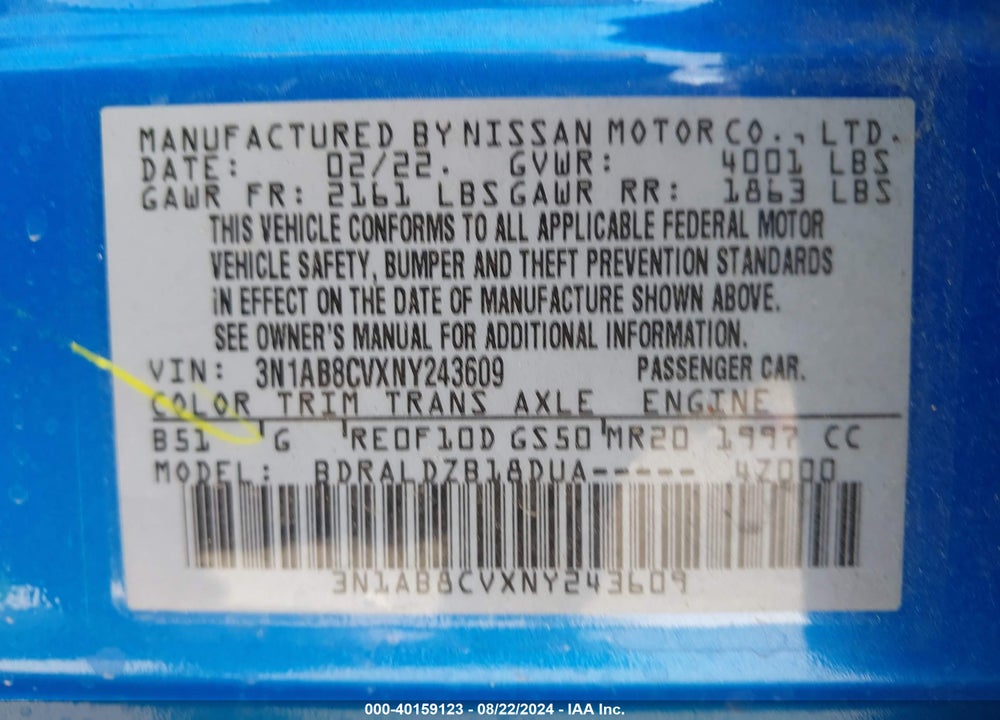 2022 NISSAN SENTRA SV XTRONIC CVT VIN: 3N1AB8CVXNY243609