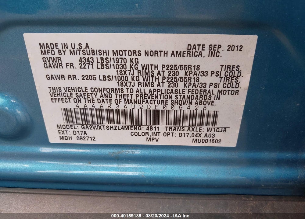 2013 MITSUBISHI OUTLANDER SPORT ES VIN: 4A4AR3AU2DE006428