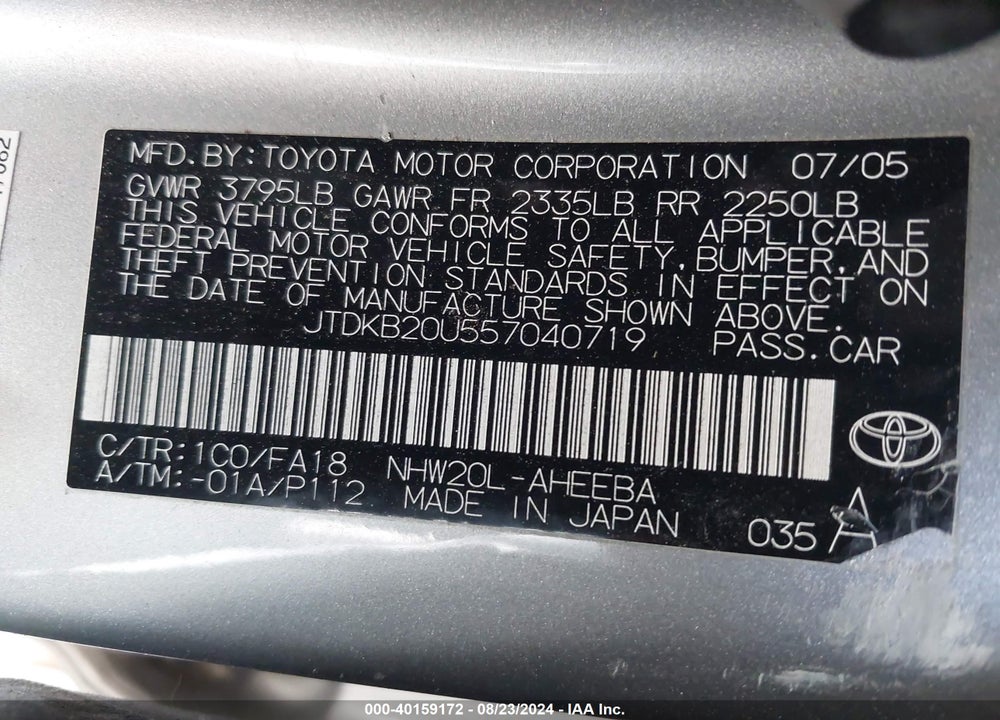 2005 TOYOTA PRIUS VIN: JTDKB20U557040719