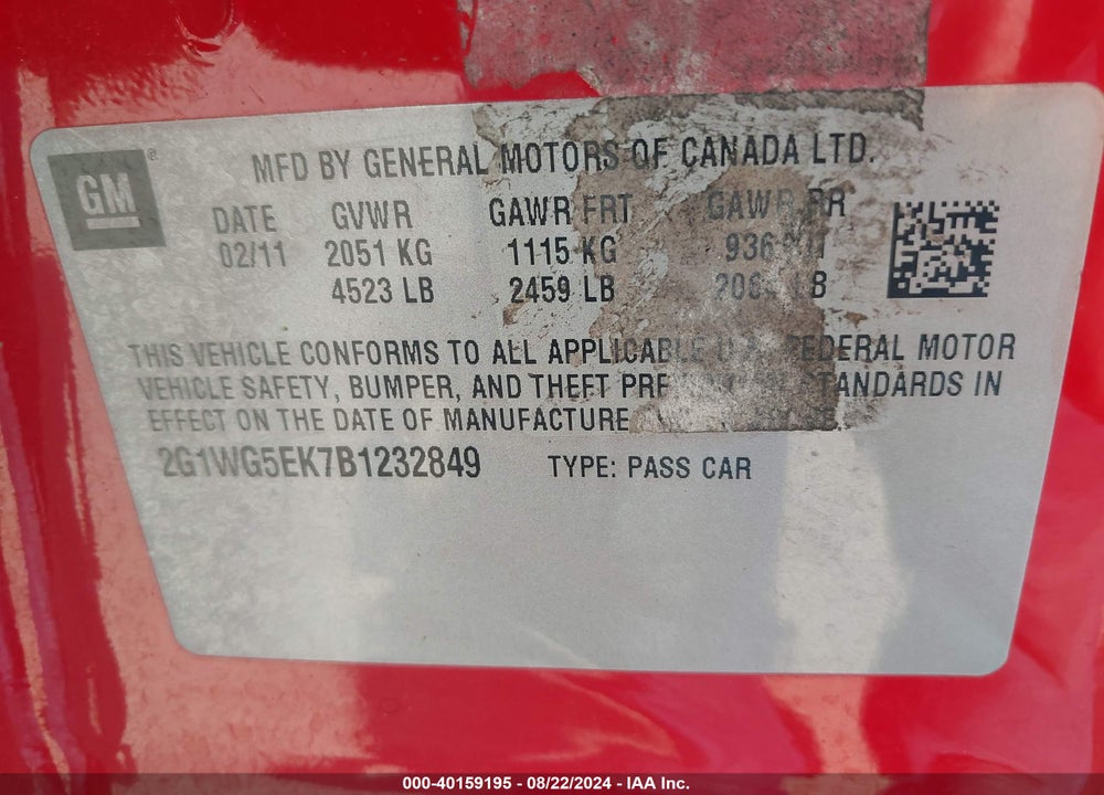 2011 CHEVROLET IMPALA LT VIN: 2G1WG5EK7B1232849