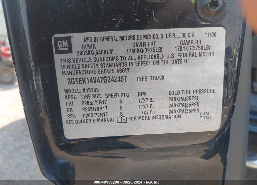 2007 GMC SIERRA 1500 CLASSIC WORK TRUCK VIN: 3GTEK14V47G242467