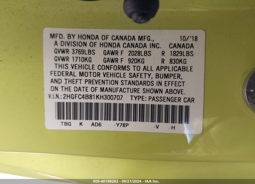 2019 HONDA CIVIC SPORT VIN: 2HGFC4B81KH300707