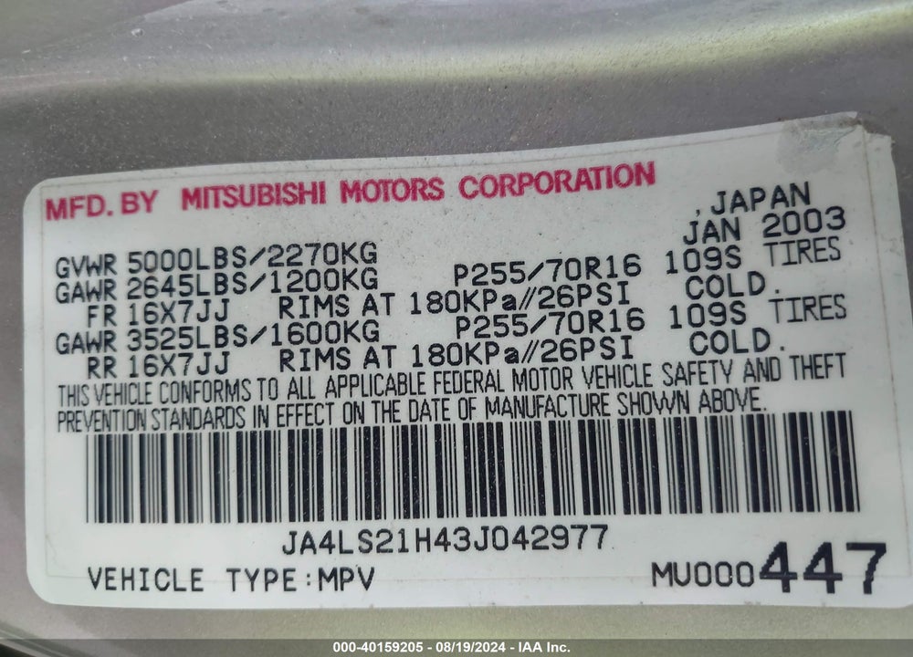 2003 MITSUBISHI MONTERO SPORT ES/LS VIN: JA4LS21H43J042977