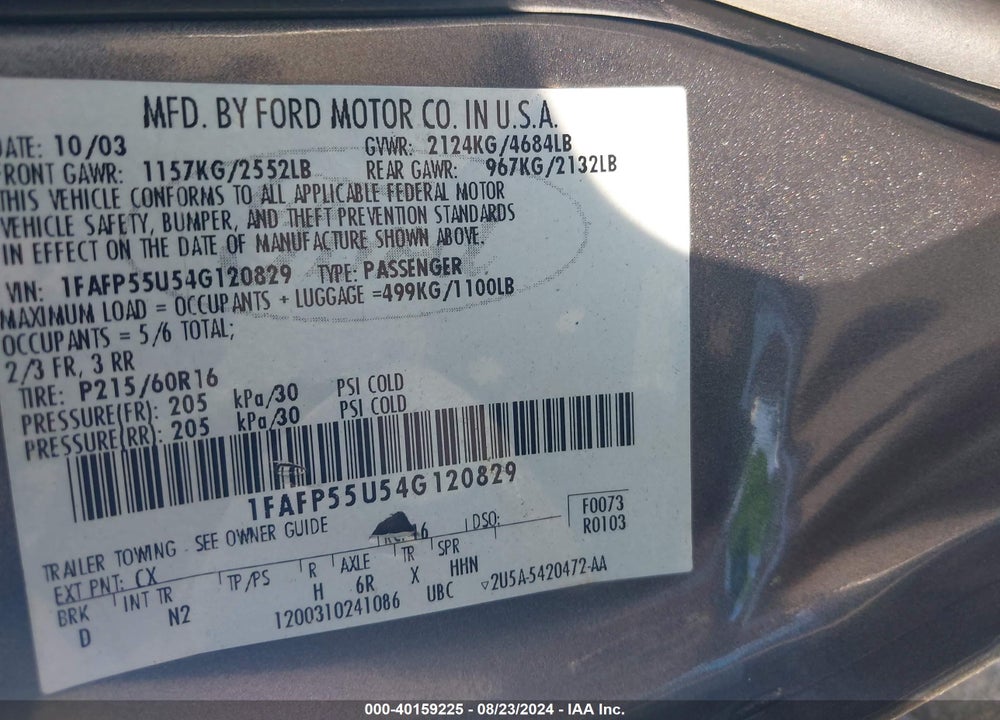 2004 FORD TAURUS SES VIN: 1FAFP55U54G120829