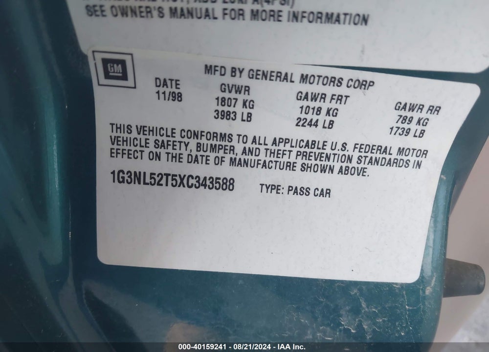 1999 OLDSMOBILE ALERO GL VIN: 1G3NL52T5XC343588