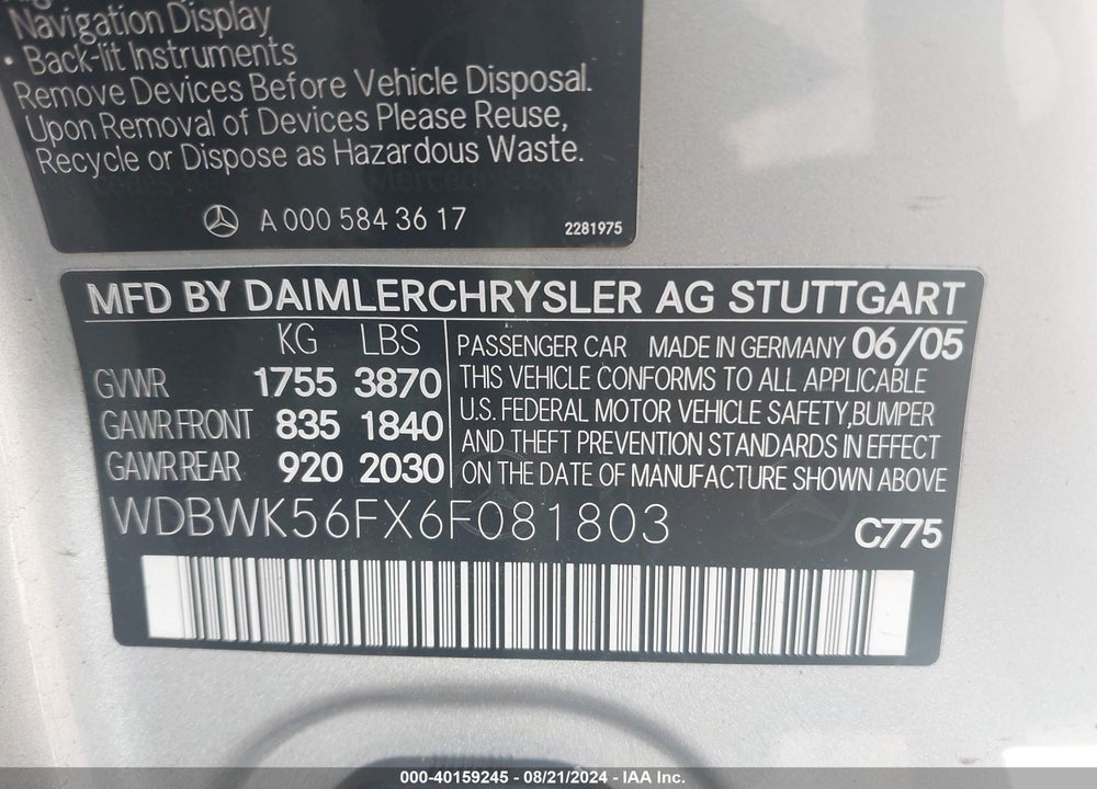 2006 MERCEDES-BENZ SLK 350 VIN: WDBWK56FX6F081803