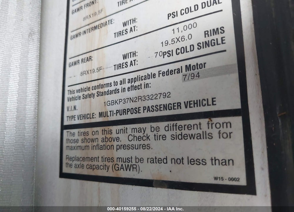 1994 CHEVROLET P30 VIN: 1GBKP37N2R3322792