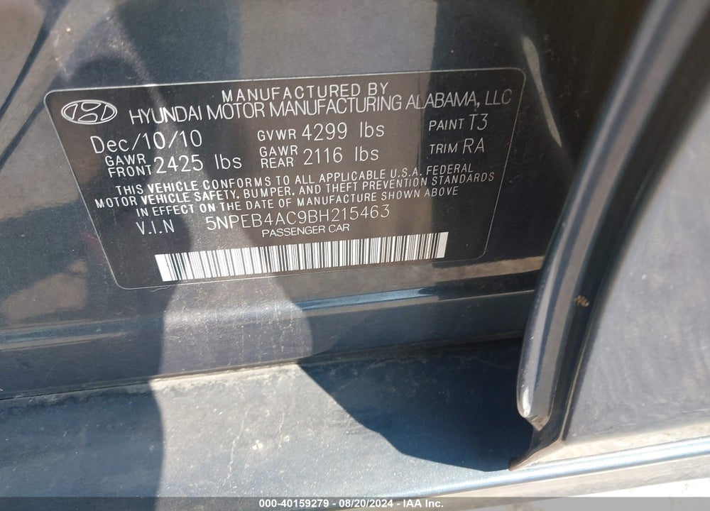 2011 HYUNDAI SONATA GLS VIN: 5NPEB4AC9BH215463