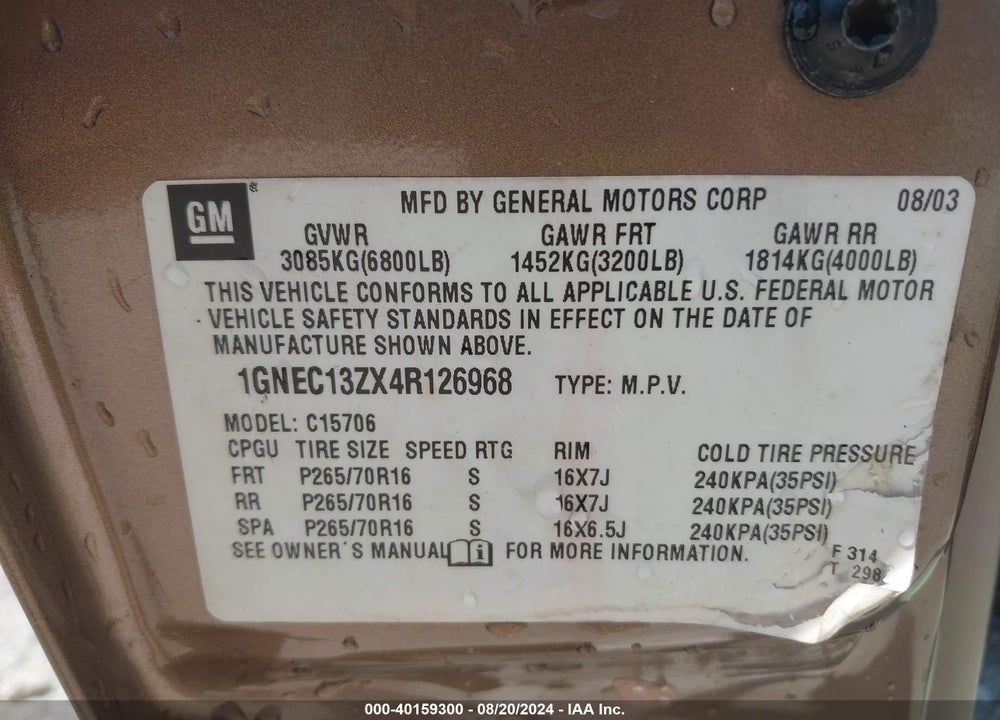 2004 CHEVROLET TAHOE LT VIN: 1GNEC13ZX4R126968