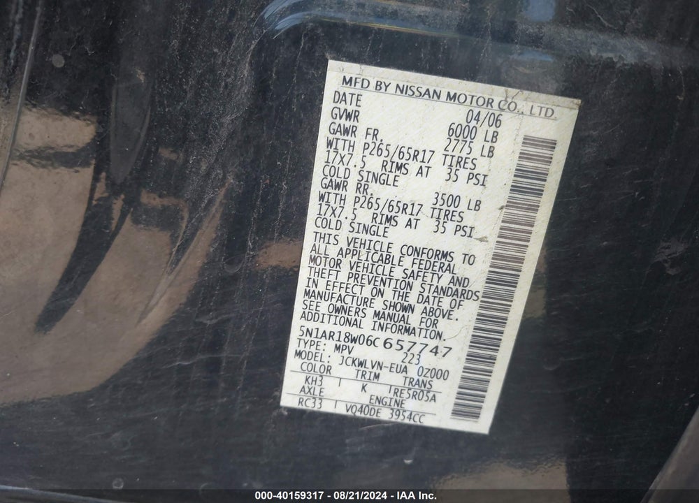 2006 NISSAN PATHFINDER LE VIN: 5N1AR18W06C657747
