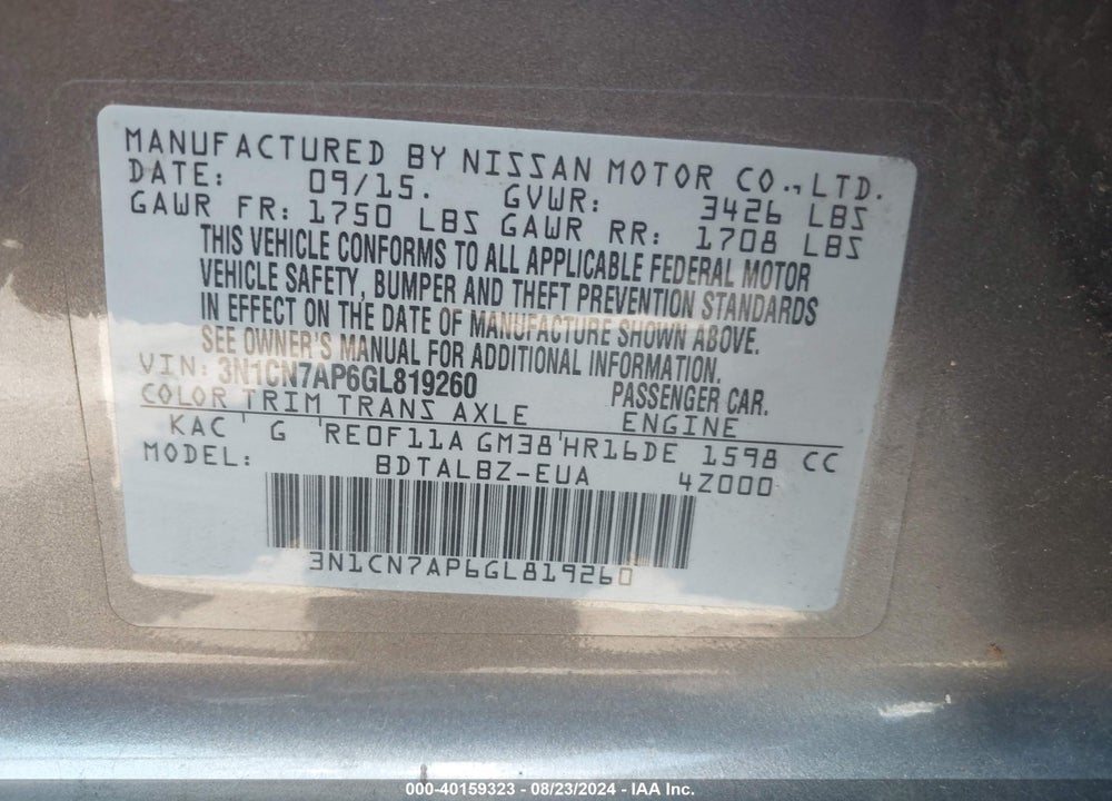 2016 NISSAN VERSA 1.6 S/1.6 S+/1.6 SL/1.6 SV VIN: 3N1CN7AP6GL819260