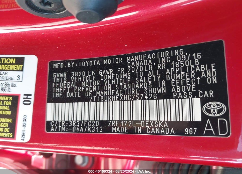 2017 TOYOTA COROLLA SE VIN: 2T1BURHEXHC757426