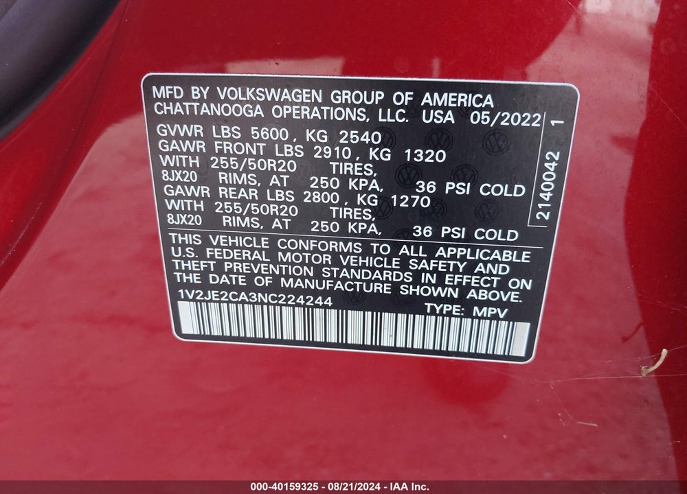 2022 VOLKSWAGEN ATLAS CROSS SPORT 3.6L V6 SE W/TECHNOLOGY VIN: 1V2JE2CA3NC224244