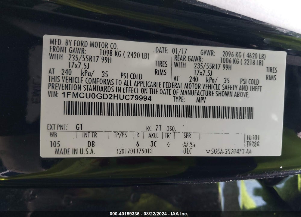 2017 FORD ESCAPE SE VIN: 1FMCU0GD2HUC79994