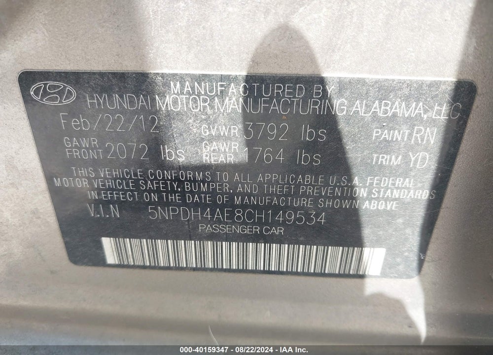 2012 HYUNDAI ELANTRA VIN: 5NPDH4AE8CH149534