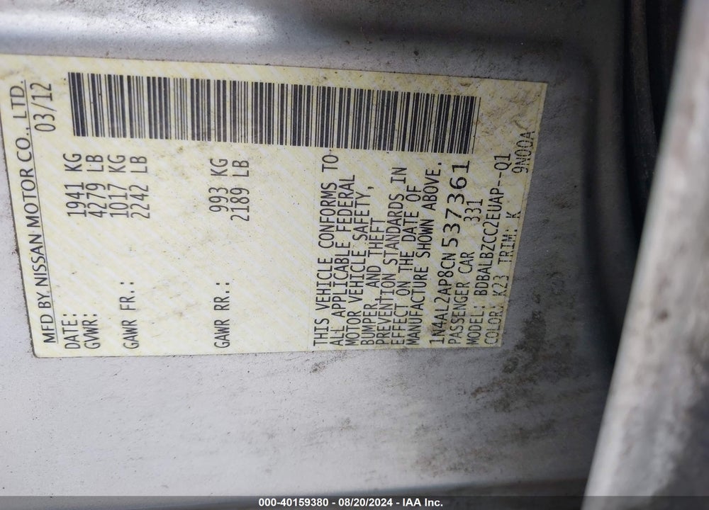 2012 NISSAN ALTIMA 2.5 S VIN: 1N4AL2AP8CN537361