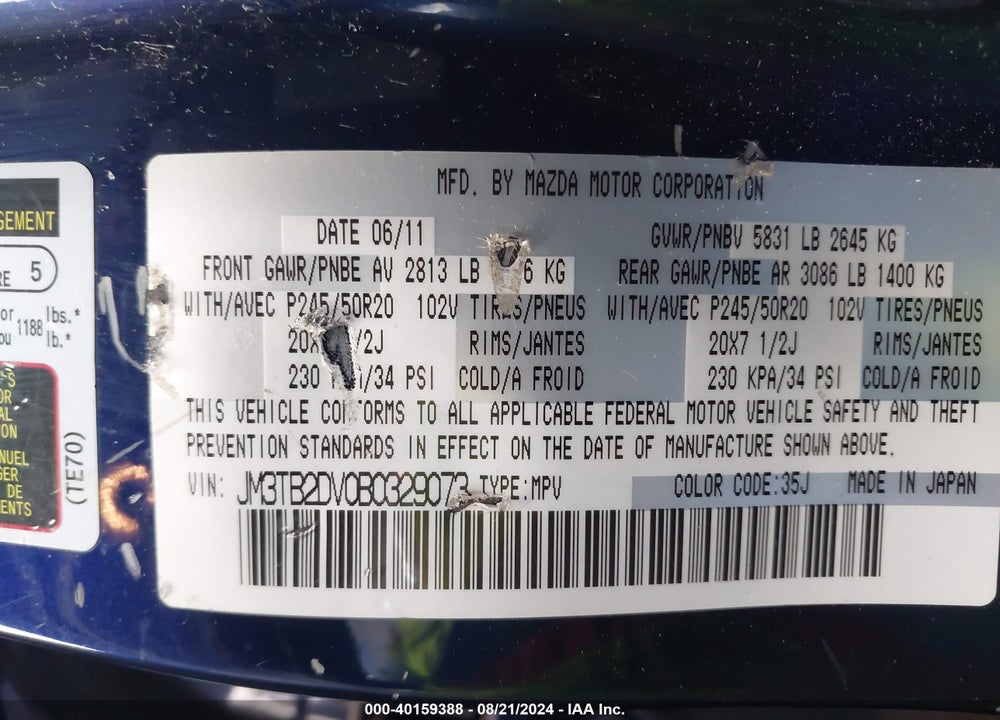 2011 MAZDA CX-9 VIN: JM3TB2DV0B0329073