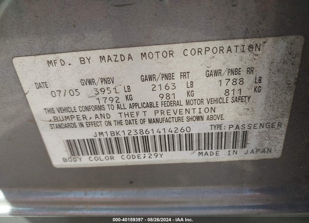 2006 MAZDA 3 S VIN: JM1BK123861414260