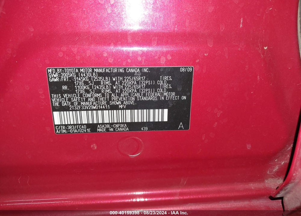 2009 TOYOTA RAV4 VIN: 2T3ZF33V29W014411