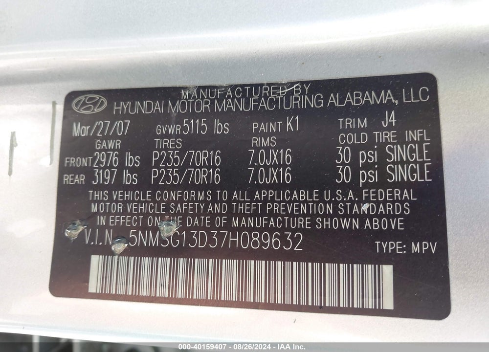 2007 HYUNDAI SANTA FE GLS VIN: 5NMSG13D37H089632