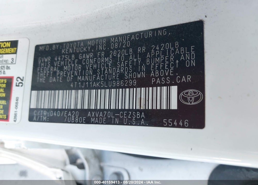 2020 TOYOTA CAMRY SE VIN: 4T1J11AK5LU986299